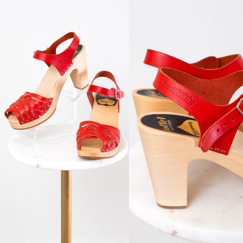 SWEEDISH HASBEENS Clogs Red Leather Open Toe Wood Platform Heel Sandals US 8.5